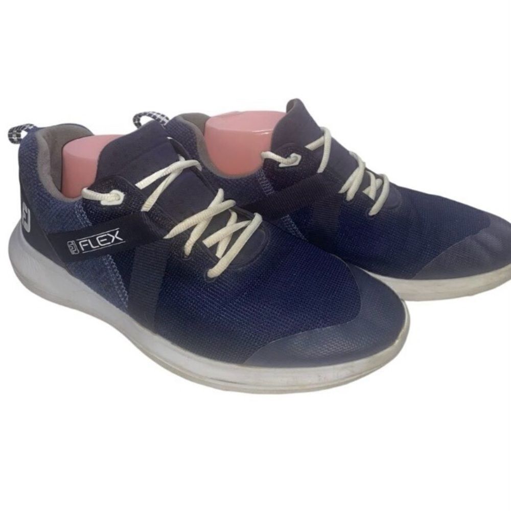 FootJoy FJ Flex Mens Sz 10 M Navy Blue White Spikeless Golf Shoes 56102